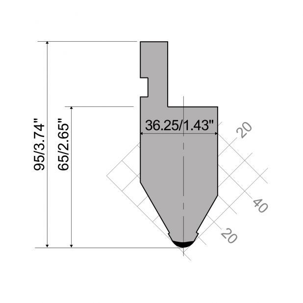 Oberwerkzeug R1  Serie A mit Arbeitshöhe=65mm, α=60°, Radius=6mm, Material=C45, Max. Presskraft=1000kN/m.