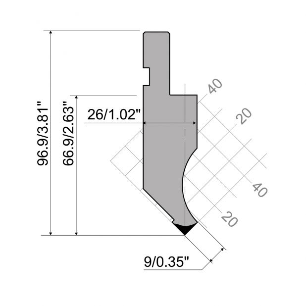 Oberwerkzeug R1  Serie A mit Arbeitshöhe=66,9mm, α=88°, Radius=0,2mm, Material=C45, Max. Presskraft=1000kN/