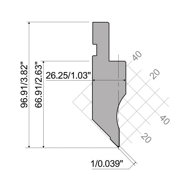 Oberwerkzeug R1  Serie A mit Arbeitshöhe=66,91mm, α=90°, Radius=0,2mm, Material=C45, Max. Presskraft=400kN/