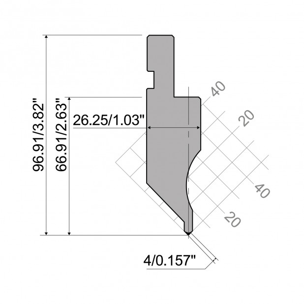 Oberwerkzeug R1  Serie A mit Arbeitshöhe=66,91mm, α=88°, Radius=0,2mm, Material=C45, Max. Presskraft=1000kN