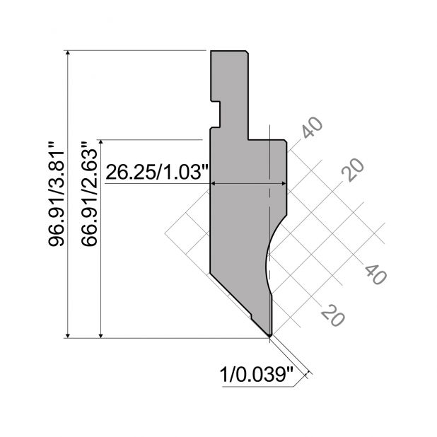 Oberwerkzeug R1  Serie A mit Arbeitshöhe=94,74mm, α=90°, Radius=0,2mm, Material=C45, Max. Presskraft=800kN/