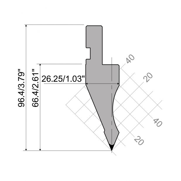 Oberwerkzeug R1  Serie A mit Arbeitshöhe=66,4mm, α=45°, Radius=0,37mm, Material=C45, Max. Presskraft=600kN/