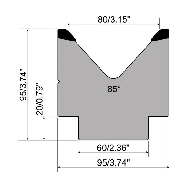 1-V-Matrize R1 europäisch A-Serie mit einer Höhe von 95mm, α=85°, Radius=6mm, Material=C45, max.Last=700 k