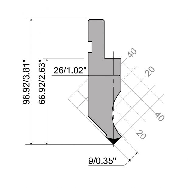 Oberwerkzeug R1  Serie A mit Arbeitshöhe=66,92mm, α=90°, Radius=0,2mm, Material=C45, Max. Presskraft=1000kN