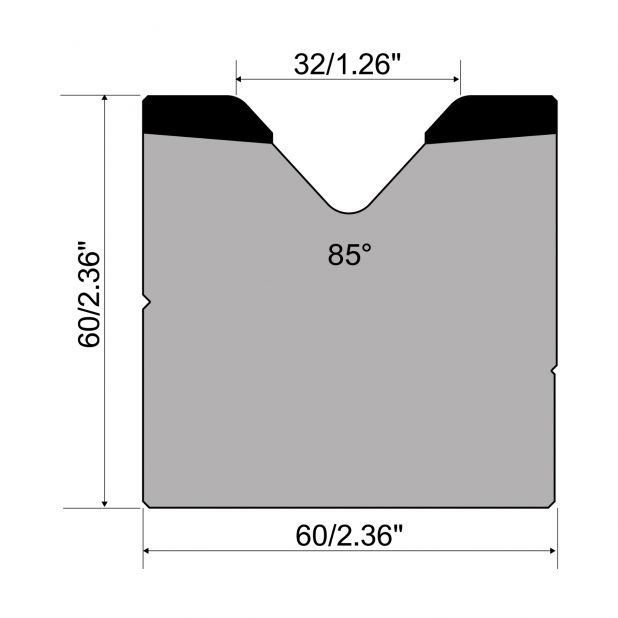 1-V-Matrize R1 europäisch A-Serie mit einer Höhe von 60mm, α=85°, Radius=4mm, Material=C45, max.Last=1000