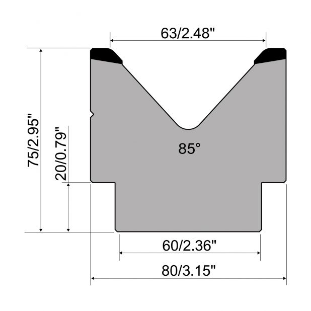 1-V-Matrize R1 europäisch A-Serie mit einer Höhe von 75mm, α=85°, Radius=5mm, Material=C45, max.Last=1000