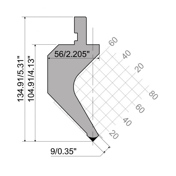 Oberwerkzeug R1  Serie A mit Arbeitshöhe=104,91mm, α=88°, Radius=0,2mm, Material=42Cr, Max. Presskraft=500k