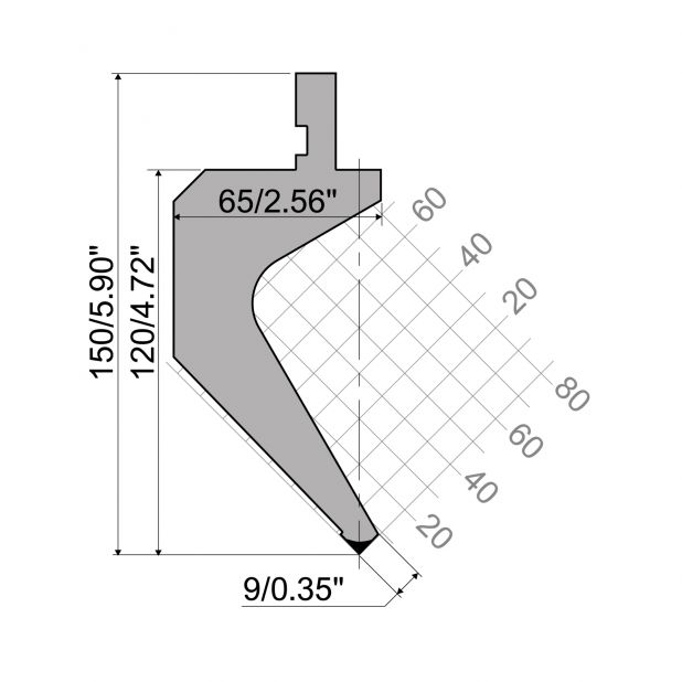 Oberwerkzeug R1  Serie A mit Arbeitshöhe=120mm, α=90°, Radius=0,2mm, Material=42Cr, Max. Presskraft=500kN/m