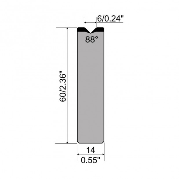 Zentrische 1-V Matrize R1  Serie A mit Arbeitshöhe=60mm, α=88°, Radius=1,5mm, Material=C45, Max. Presskraft