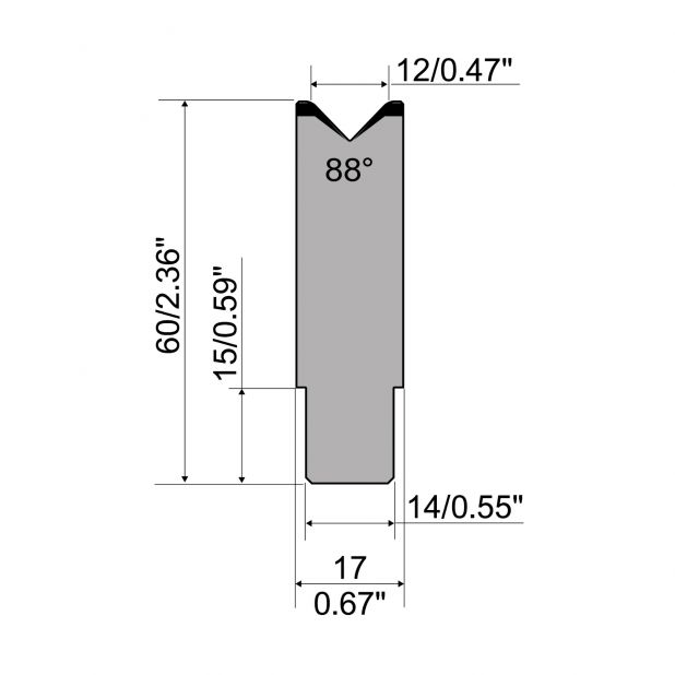 Zentrische 1-V Matrize R1  Serie A mit Arbeitshöhe=60mm, α=88°, Radius=2,5mm, Material=C45, Max. Presskraft