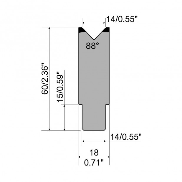 Zentrische 1-V Matrize R1  Serie A mit Arbeitshöhe=60mm, α=88°, Radius=2,5mm, Material=C45, Max. Presskraft