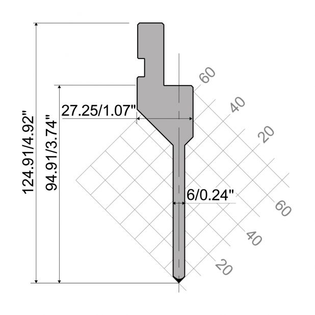 Oberwerkzeug R1  Serie A mit Arbeitshöhe=94,91mm, α=88°, Radius=0,2mm, Material=42Cr, Max. Presskraft=500kN