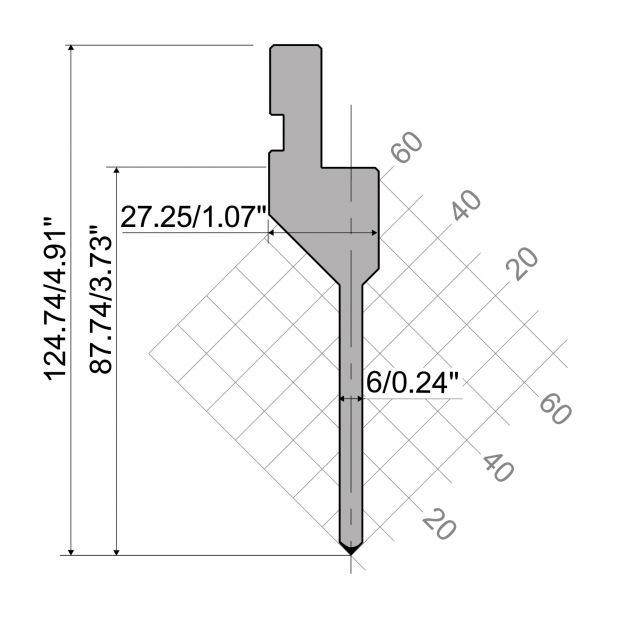 Oberwerkzeug R1  Serie A mit Arbeitshöhe=94,74mm, α=88°, Radius=0,6mm, Material=42Cr, Max. Presskraft=500kN