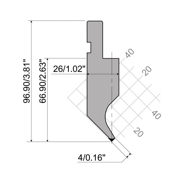 Oberwerkzeug R1  Serie A mit Arbeitshöhe=66,9mm, α=90°, Radius=0,2mm, Material=42Cr, Max. Presskraft=200kN/