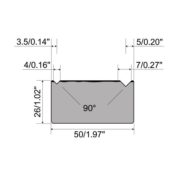 2-V Matrize R1  Serie A mit Arbeitshöhe=26mm, α=90°, Radius=0,4mm, Material=C45, Max. Presskraft=600kN/m.