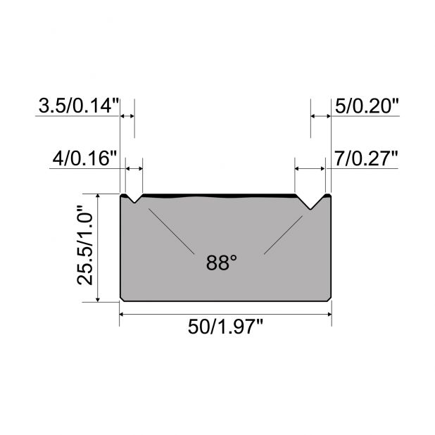 2-V Matrize R1  Serie A mit Arbeitshöhe=25,5mm, α=88°, Radius=0mm, Material=C45, Max. Presskraft=600kN/m.