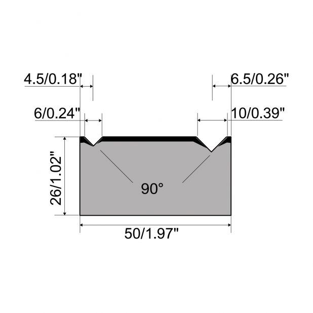 2-V Matrize R1  Serie A mit Arbeitshöhe=26mm, α=90°, Radius=0.4/0.6mm, Material=C45, Max. Presskraft=700kN/