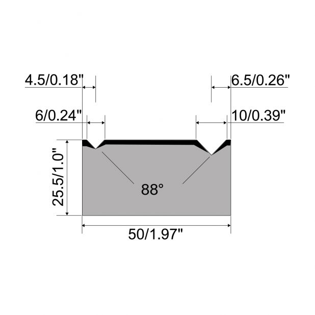 2-V Matrize R1  Serie A mit Arbeitshöhe=25,5mm, α=88°, Radius=0.4/0.6mm, Material=C45, Max. Presskraft=700k