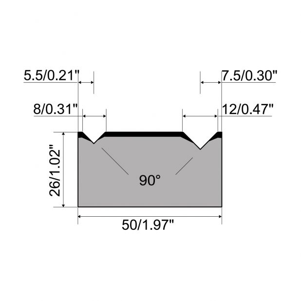 2-V Matrize R1  Serie A mit Arbeitshöhe=26mm, α=90°, Radius=0.5/0.8mm, Material=C45, Max. Presskraft=800kN/