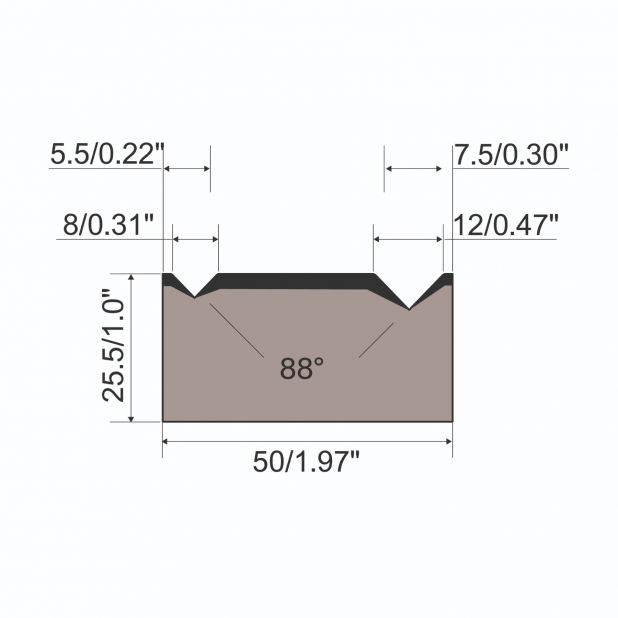 2-V Matrize R1  Serie A mit Arbeitshöhe=25,5mm, α=88°, Radius=0.5/0.8mm, Material=C45, Max. Presskraft=800k