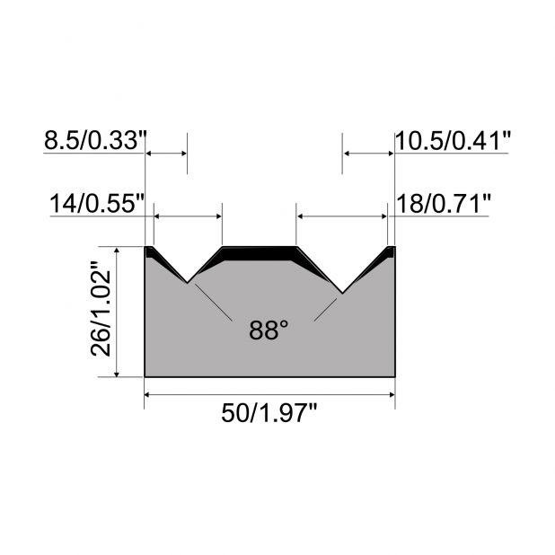 2-V Matrize R1  Serie A mit Arbeitshöhe=26mm, α=88°, Radius=0,5mm, Material=C45, Max. Presskraft=1000kN/m.