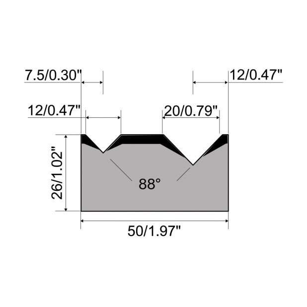 2-V Matrize R1  Serie A mit Arbeitshöhe=26mm, α=88°, Radius=0,5mm, Material=C45, Max. Presskraft=1000kN/m.