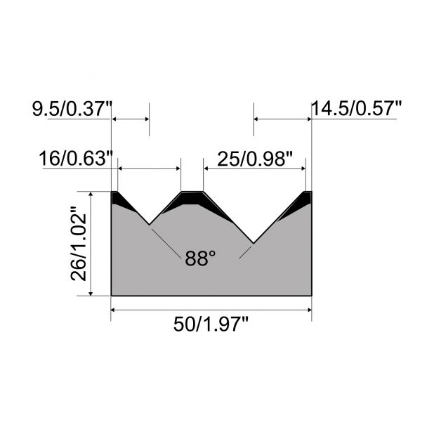 2-V Matrize R1  Serie A mit Arbeitshöhe=26mm, α=88°, Radius=0,8mm, Material=C45, Max. Presskraft=700kN/m.