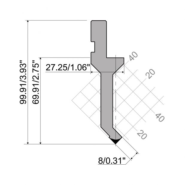 Oberwerkzeug R1  Serie A mit Arbeitshöhe=69,91mm, α=90°, Radius=0,2mm, Material=42Cr, Max. Presskraft=300kN