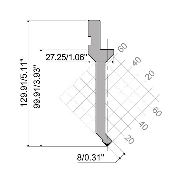 Oberwerkzeug R1  Serie A mit Arbeitshöhe=99,91mm, α=90°, Radius=0,2mm, Material=42Cr, Max. Presskraft=300kN