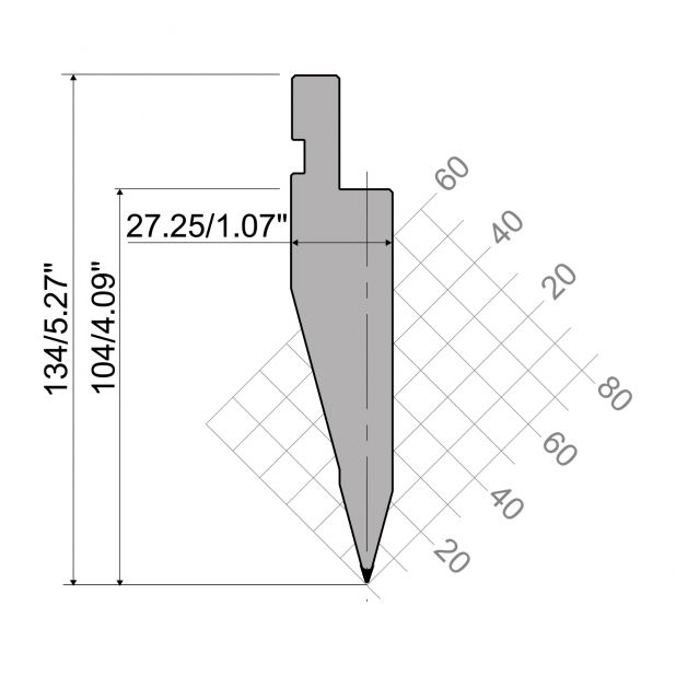 Oberwerkzeug R1  Serie A mit Arbeitshöhe=104mm, α=30°, Radius=0,65mm, Material=C45, Max. Presskraft=1000kN/