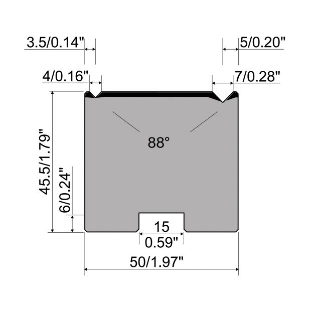 Zentrische 2-V Matrize R1  Serie A mit Arbeitshöhe=45,5mm, α=88°, Radius=0.4/0.6mm, Material=C45, Max. Pres