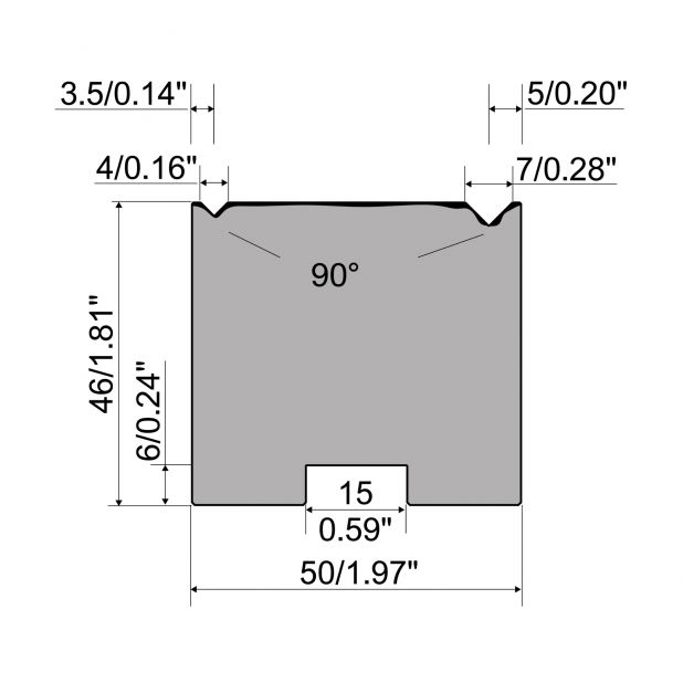 Zentrische 2-V Matrize R1  Serie A mit Arbeitshöhe=46mm, α=90°, Radius=0,4mm, Material=C45, Max. Presskra