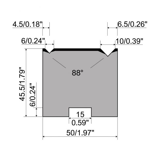 Zentrische 2-V Matrize R1  Serie A mit Arbeitshöhe=45,5mm, α=88°, Radius=0,4mm, Material=C45, Max. Presskra