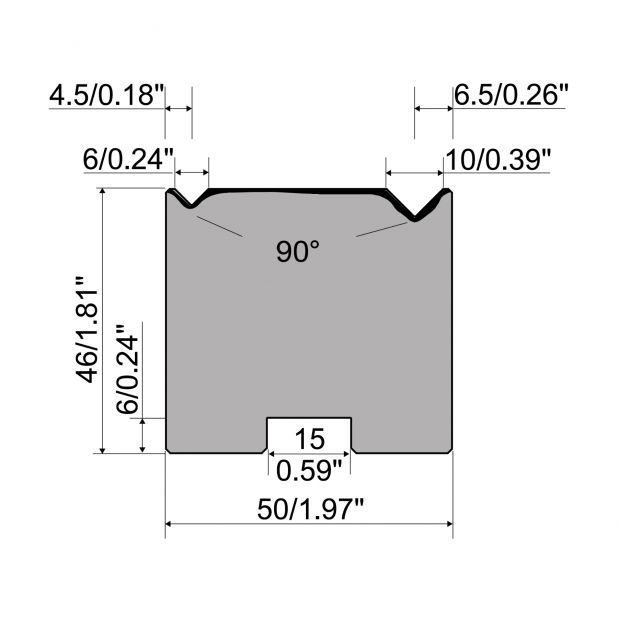 Zentrische 2-V Matrize R1  Serie A mit Arbeitshöhe=46mm, α=9°, Radius=0./0.6mm, Material=C45, Max. Presskra