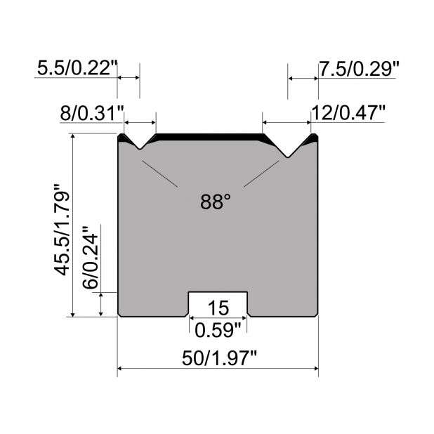 Zentrische 2-V Matrize R1  Serie A mit Arbeitshöhe=45,5mm, α=88°, Radius=0.5/0.8mm, Material=C45, Max. Pres
