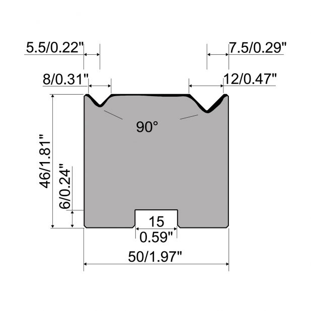 Zentrische 2-V Matrize R1  Serie A mit Arbeitshöhe=46mm, α=90°, Radius=0.5/0.8mm, Material=C45, Max. Pressk