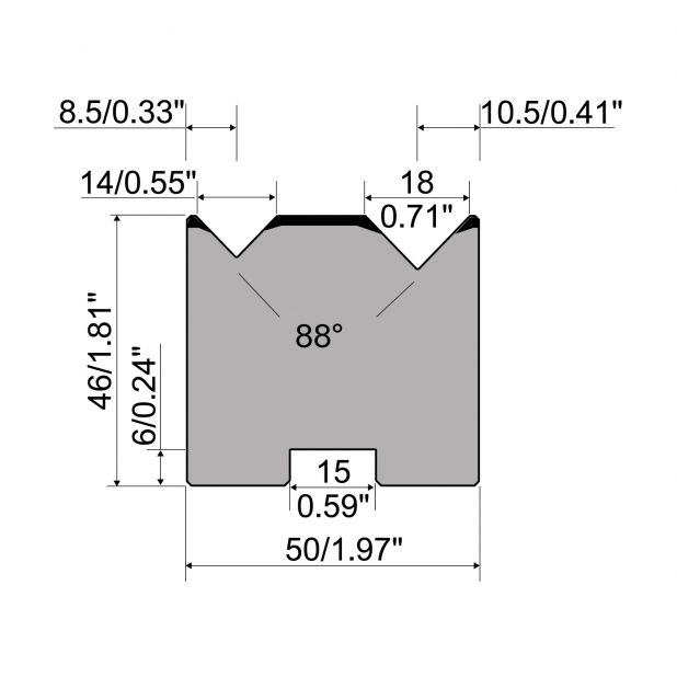 Zentrische 2-V Matrize R1  Serie A mit Arbeitshöhe=46mm, α=88°, Radius=0,5mm, Material=C45, Max. Presskraft