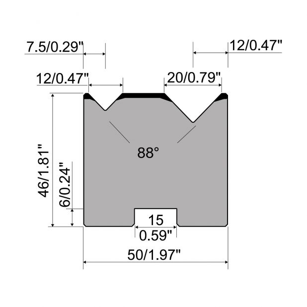 Zentrische 2-V Matrize R1  Serie A mit Arbeitshöhe=46mm, α=88°, Radius=0,5mm, Material=C45, Max. Presskraft