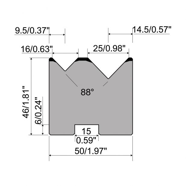 Zentrische 2-V Matrize R1  Serie A mit Arbeitshöhe=46mm, α=88°, Radius=0,8mm, Material=C45, Max. Presskraft