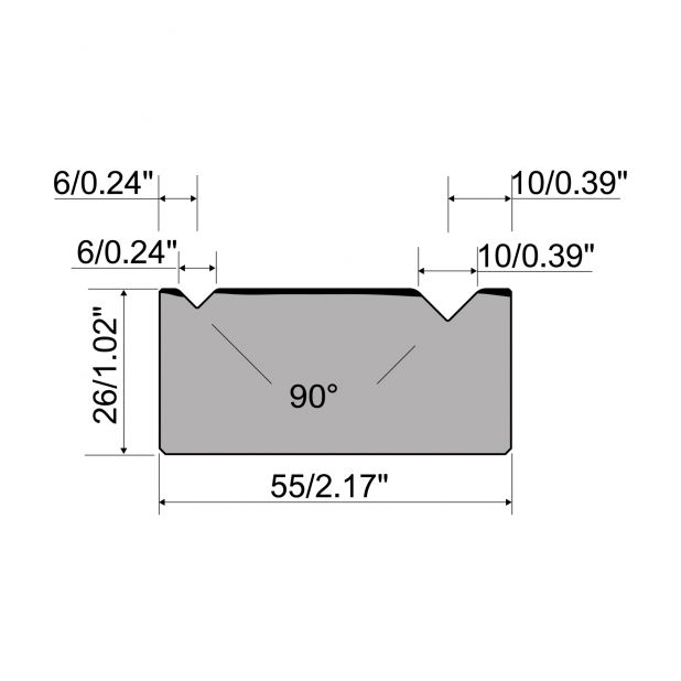 2-V Matrize R1  Serie A mit Arbeitshöhe=26mm, α=90°, Radius=1.5/2.5mm, Material=C45, Max. Presskraft=800kN/