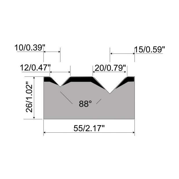 2-V Matrize R1  Serie A mit Arbeitshöhe=26mm, α=88°, Radius=3.0/4mm, Material=C45, Max. Presskraft=1000kN/m