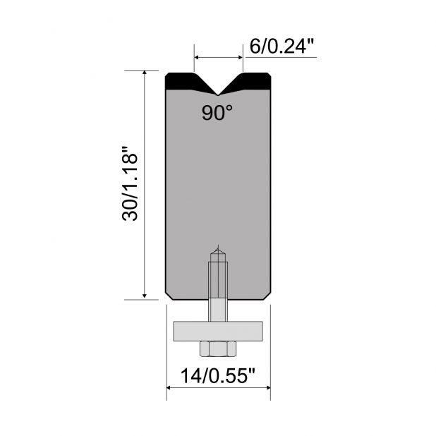 Zentrische 1-V Matrize R1  Serie A mit Arbeitshöhe=30mm, α=90°, Radius=1,5mm, Material=C45, Max. Presskraft