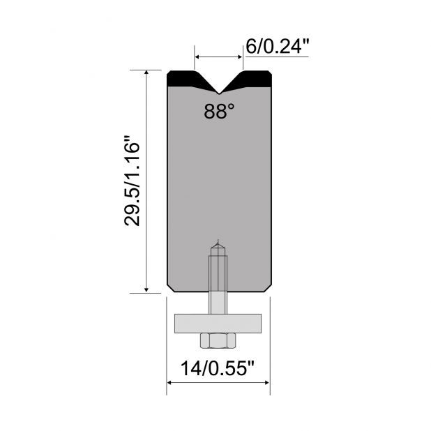 Zentrische 1-V Matrize R1  Serie A mit Arbeitshöhe=30mm, α=88°, Radius=1,5mm, Material=C45, Max. Presskraft