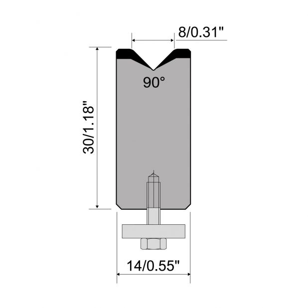 Zentrische 1-V Matrize R1  Serie A mit Arbeitshöhe=30mm, α=90°, Radius=1,5mm, Material=C45, Max. Presskraft