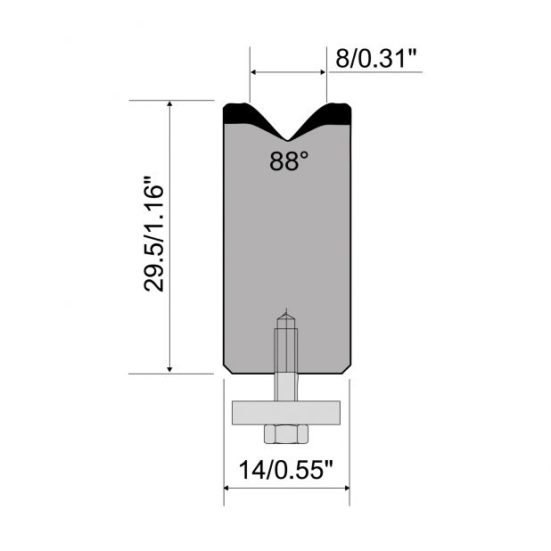 Zentrische 1-V Matrize R1  Serie A mit Arbeitshöhe=30mm, α=88°, Radius=1,5mm, Material=C45, Max. Presskraft