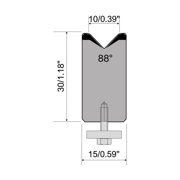 Zentrische 1-V Matrize R1  Serie A mit Arbeitshöhe=30mm, α=88°, Radius=2mm, Material=C45, Max. Presskraft=9