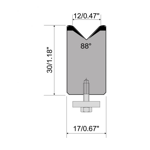 Zentrische 1-V Matrize R1  Serie A mit Arbeitshöhe=30mm, α=88°, Radius=2,5mm, Material=C45, Max. Presskraft