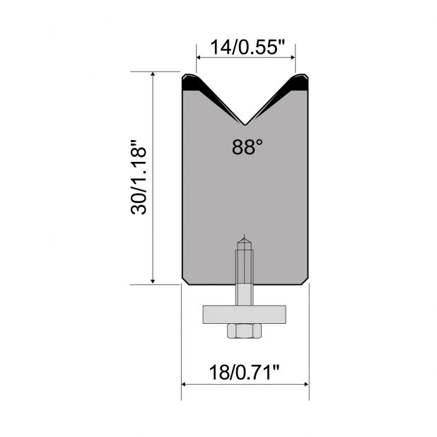 Zentrische 1-V Matrize R1  Serie A mit Arbeitshöhe=30mm, α=88°, Radius=2,5mm, Material=C45, Max. Presskraft