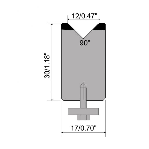 Zentrische 1-V Matrize R1  Serie A mit Arbeitshöhe=30mm, α=90°, Radius=2,5mm, Material=C45, Max. Presskraft