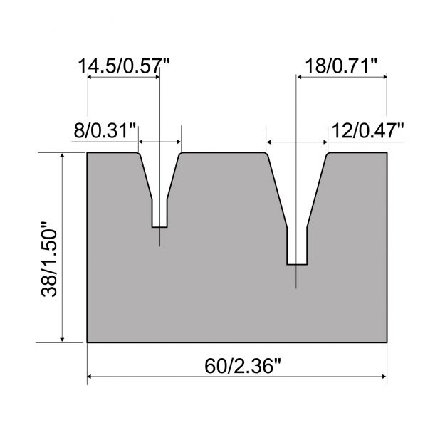 Selbstzentrierende 2-V Matrize R1 europäisch A-Serie mit einer Höhe von 38 mm, Material = 42Cr, max. Last =